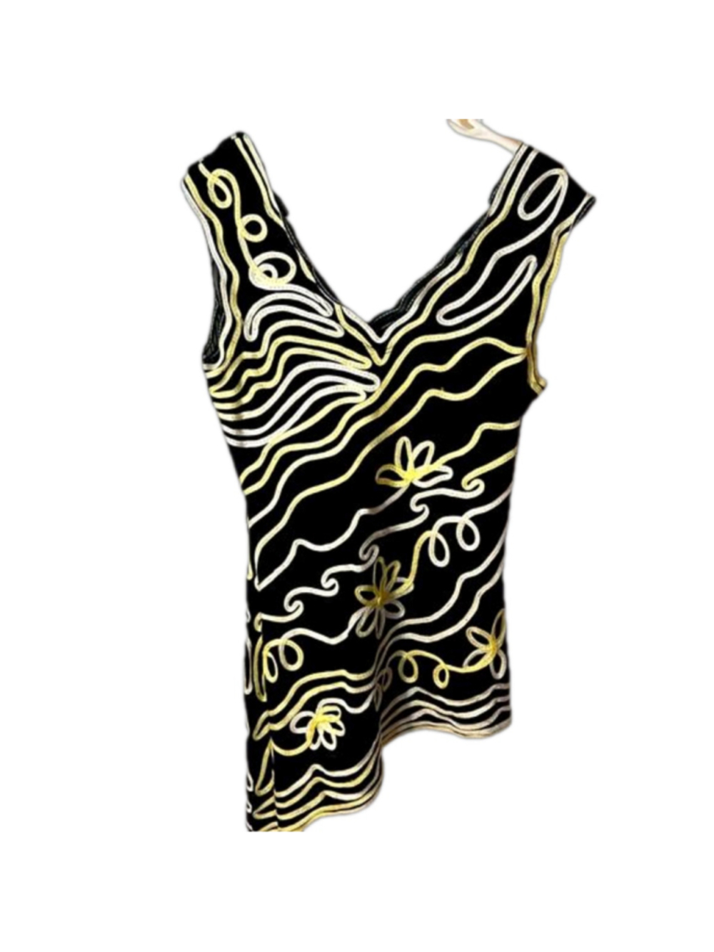 Frank Lyman design, yellow, and white embroidered asymmetrical tunic top Size 4